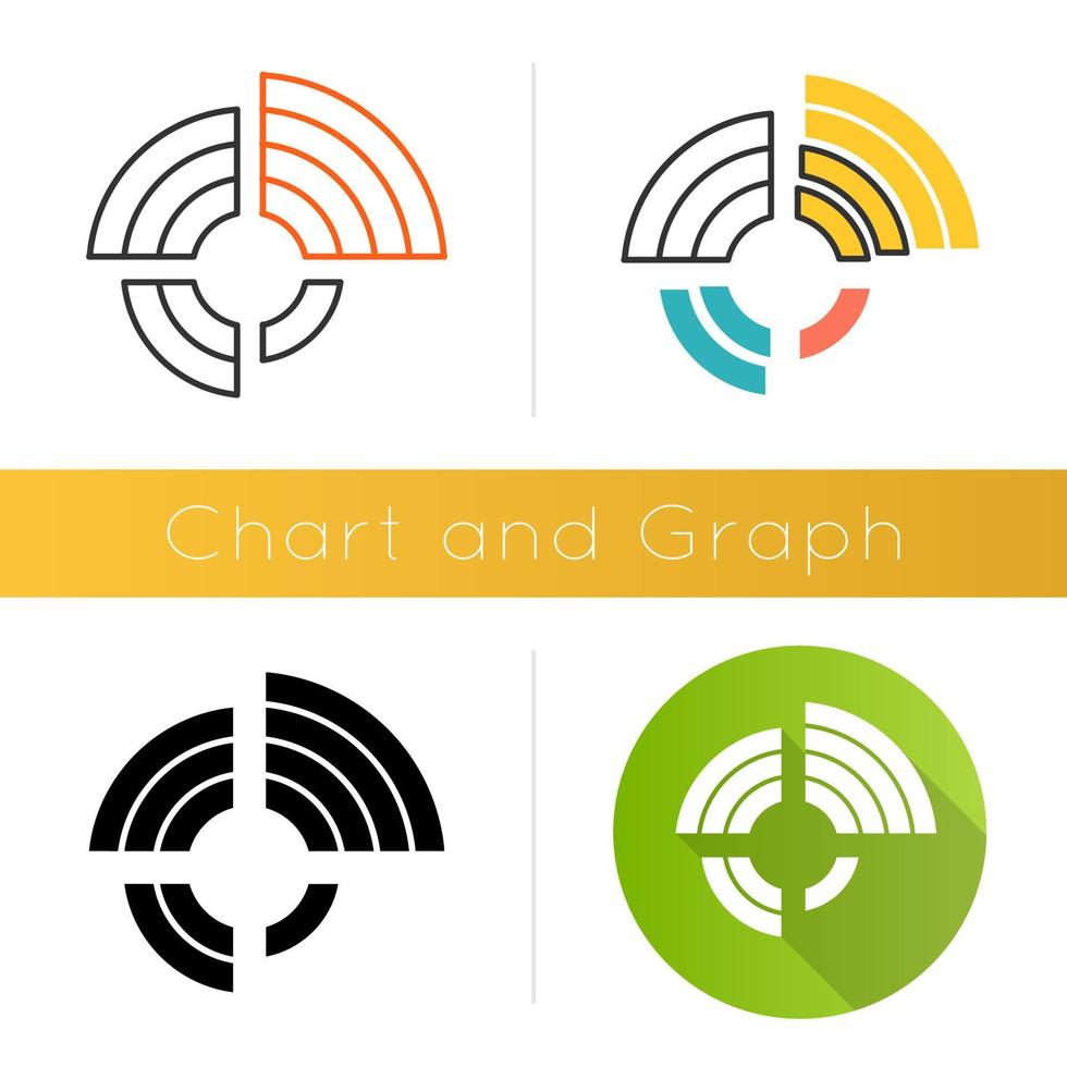 Radial diagram icon. Round chart, graph. Radar diagram. Multivariate data. Spider chart. Info value extend from central point. Flat design, linear and color styles. Isolated vector illustrations