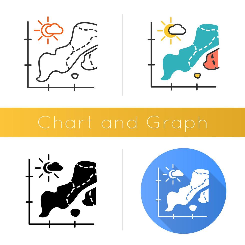 Temperature map icon. Weather forecast. Information graph, data chart. Seismic activity. Climate change overcast. Statistics report. Flat design, linear and color styles. Isolated vector illustrations