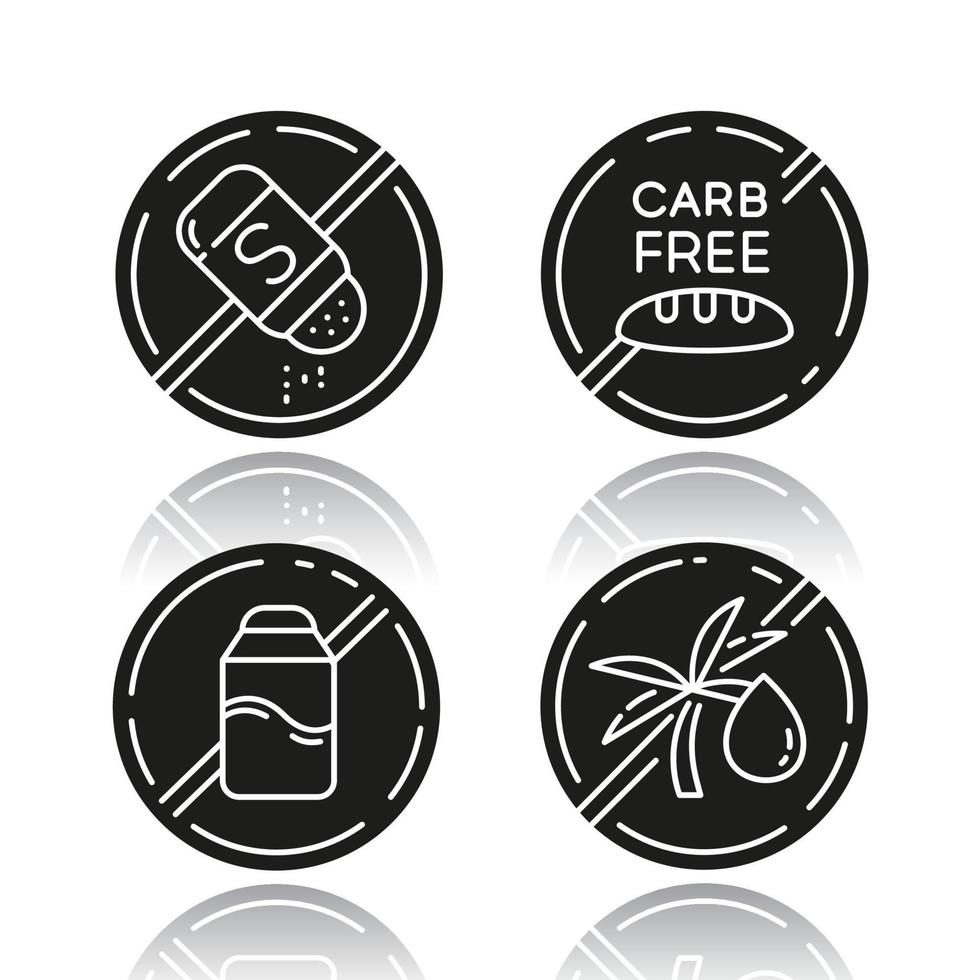 Product free ingredient drop shadow black glyph icons set. No salt, carb, lactose, palm oil. Healthy organic food without chemicals. Dietary without allergens. Isolated vector illustrations