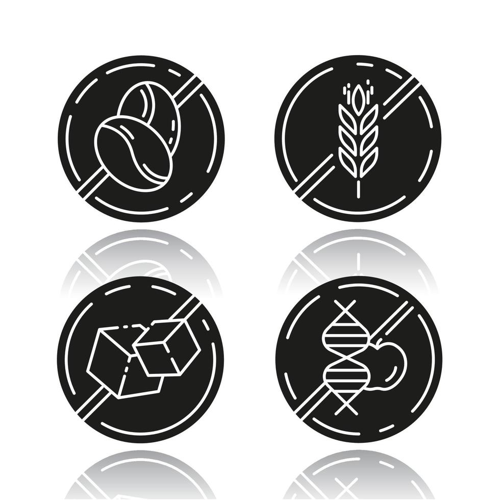 Product free ingredient drop shadow black glyph icons set. No caffeine, gluten, sugar, gmo. Organic food, healthy eating. Dietary without allergens. Balanced meals. Isolated vector illustrations