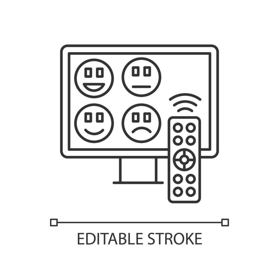 TV channel rating survey linear icon. Emotional opinion. Consumer review. Research. Customer satisfaction. Thin line illustration. Contour symbol. Vector isolated outline drawing. Editable stroke