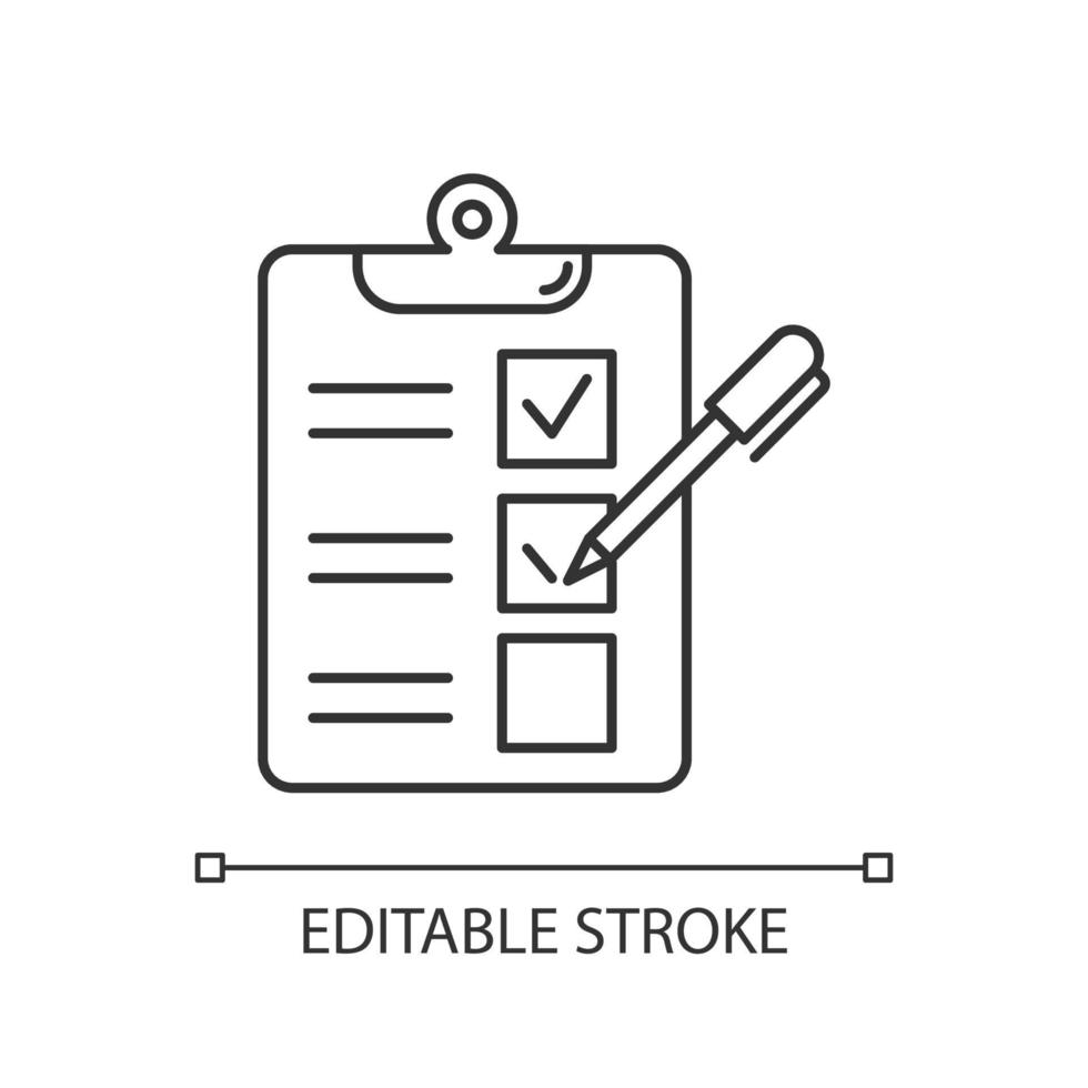 Survey questionnaire form linear icon. Checklist. Customer service rating, review. Feedback. Social research. Thin line illustration. Contour symbol. Vector isolated outline drawing. Editable stroke