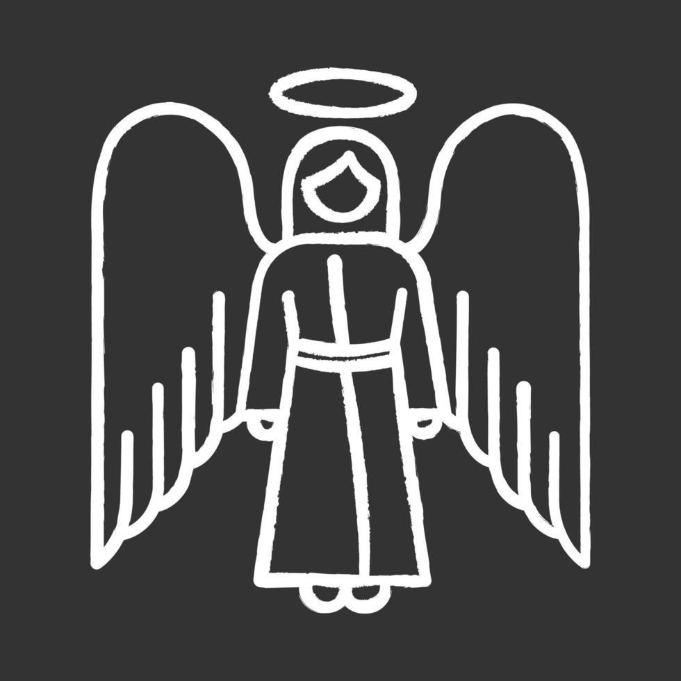 icono de tiza de ángel. arcángel bíblico. figura humana en túnica con alas y halo. ángel santo de navidad. mensajero de los dioses. narración bíblica. símbolo cristiano. ilustración de pizarra de vector aislado