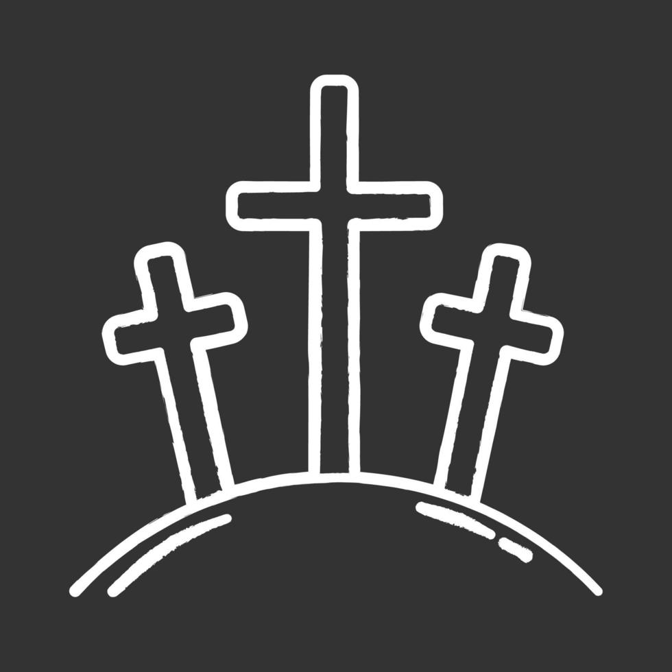 Calvary hill chalk icon. Three crosses at Golgotha mountain. Crucifixion of Jesus Christ. Good Friday. New Testament. Bible narrative. Christian symbol. Isolated vector chalkboard illustration