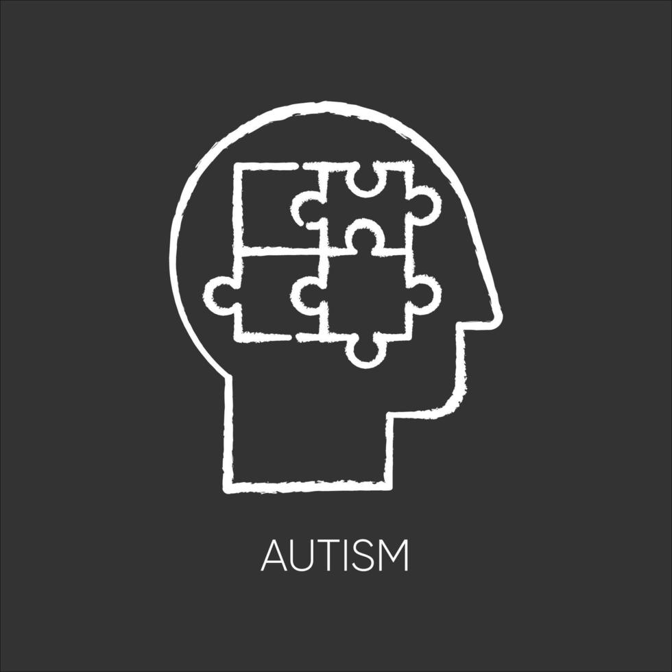 icono de tiza de autismo. mente desconcertada neurología y psiquiatría. apoyo a la enfermedad de los niños. pensamiento diferente. asperger trastorno del desarrollo. Psicología clínica. ilustración de pizarra de vector aislado