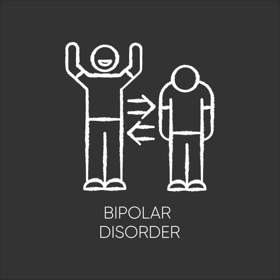 icono de tiza del trastorno bipolar. episodios maníacos y depresivos. doble personalidad. cambio de humor. triste y feliz vaivén emocional. problemas de salud mental. ilustración de pizarra de vector aislado