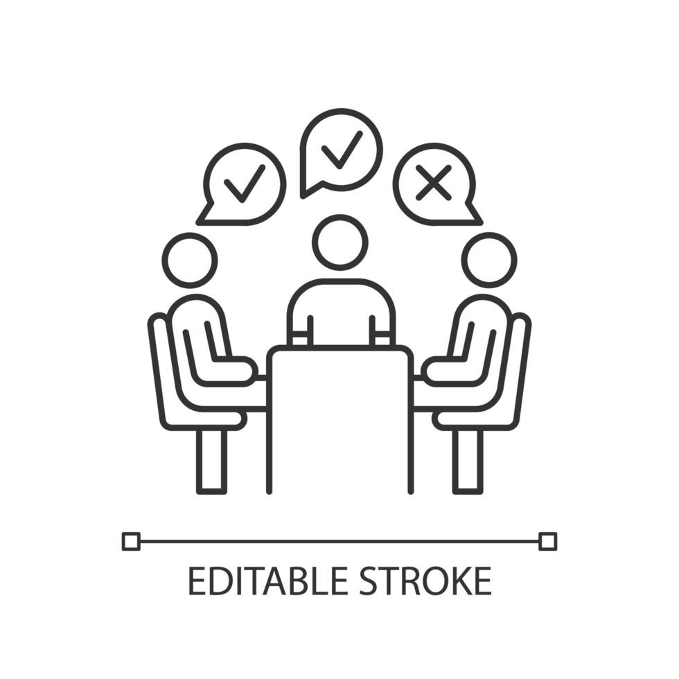 Group administered survey linear icon. Public opinion polling. Feedback. Customer satisfaction. Sampling. Thin line illustration. Contour symbol. Vector isolated outline drawing. Editable stroke