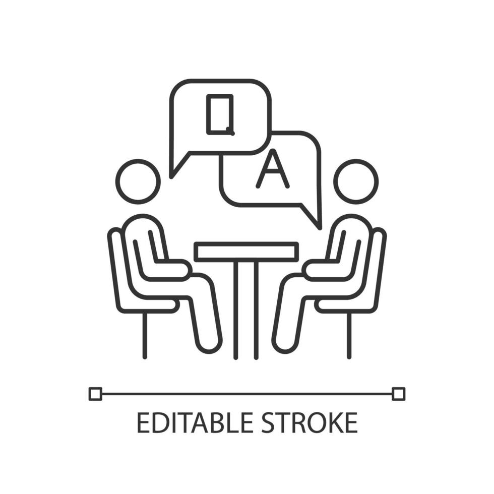 Personal interview survey linear icon. Questions and answers poll. Consumer, customer satisfaction. Feedback. Thin line illustration. Contour symbol. Vector isolated outline drawing. Editable stroke