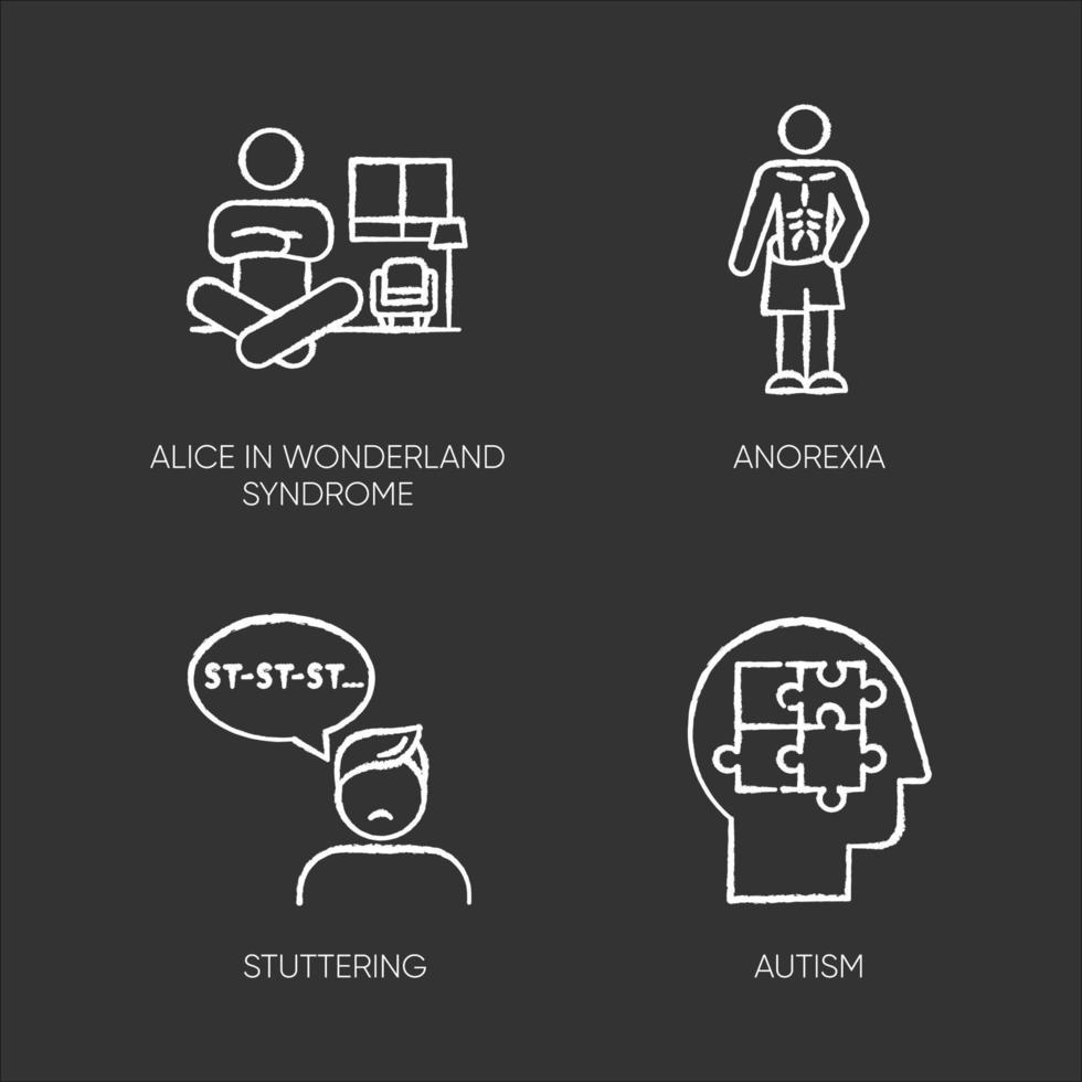 Mental disorder chalk icons set. Alice in wonderland syndrome. Anorexia. Eating disorder. Underweight body. Stuttering. Speech disorder. Repetition. Autism. Isolated vector chalkboard illustrations
