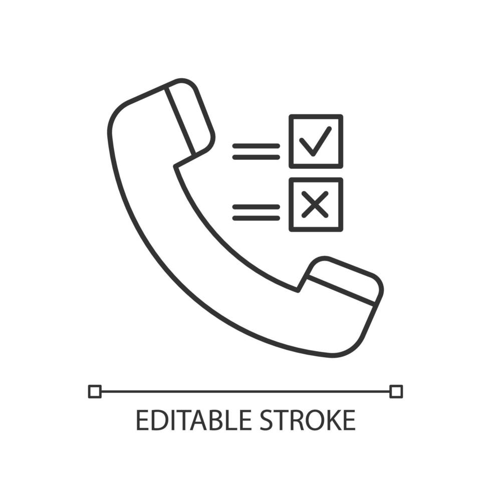 Telephone survey linear icon. Social research. Opinion poll. Consumer, customer satisfaction. Feedback. Thin line illustration. Contour symbol. Vector isolated outline drawing. Editable stroke