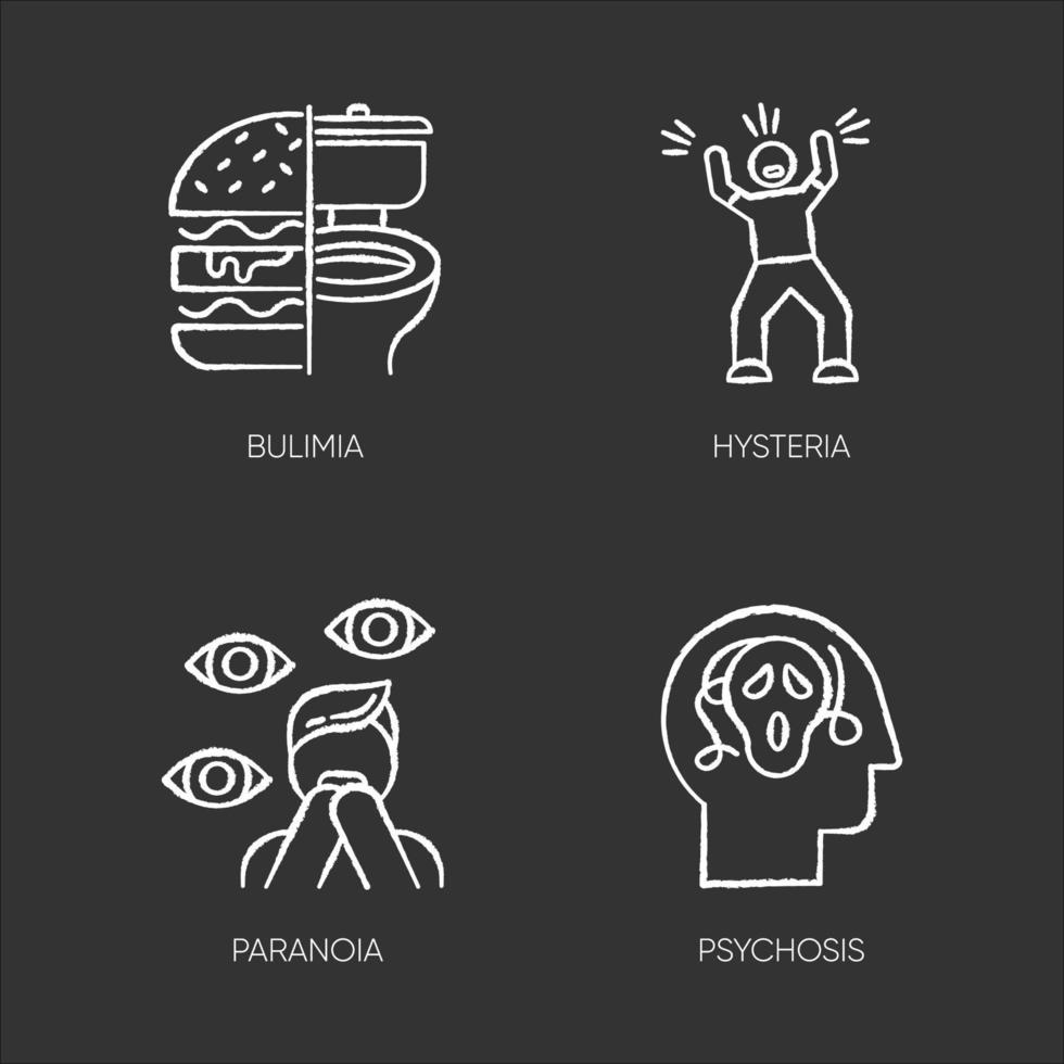 Mental disorder chalk icons set. Bulimia. Eating disorder. Hysteria. Panic attack. Anxiety, depression. Paranoia. Fear and phobia. Psychosis. Isolated vector chalkboard illustrations