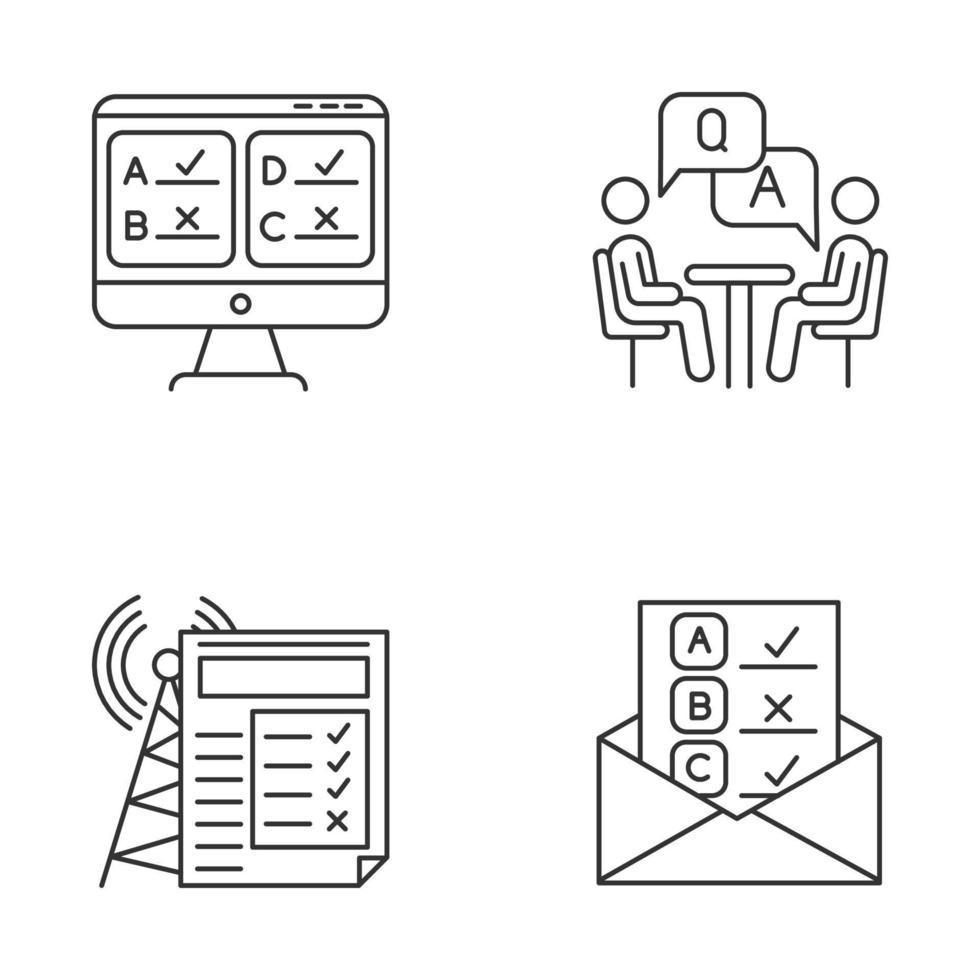 Survey methods linear icons set. Online, email, internet connection poll. Interview. Public opinion. Customer review. Thin line contour symbols. Isolated vector outline illustrations. Editable stroke