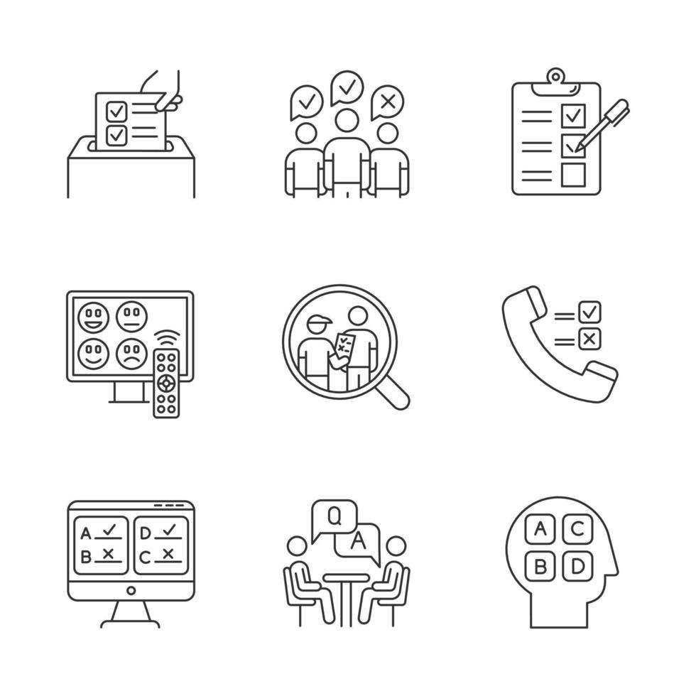 Survey methods linear icons set. Telephone, online poll. Rating. Interview. Public opinion. Customer satisfaction. Thin line contour symbols. Isolated vector outline illustrations. Editable stroke