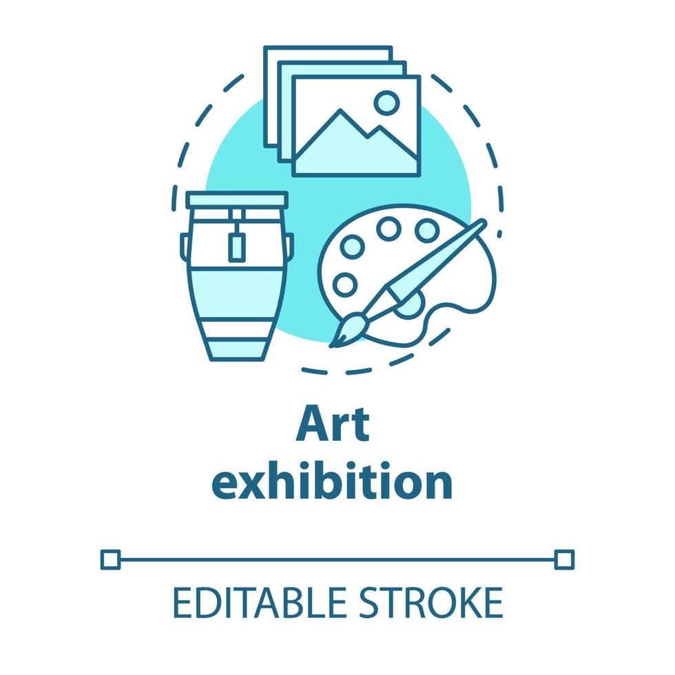 Art exhibition concept icon. Drawing and paintings exposition. Cultural piece. Artwork showcase. Gallery exposition idea thin line illustration. Vector isolated outline drawing. Editable stroke