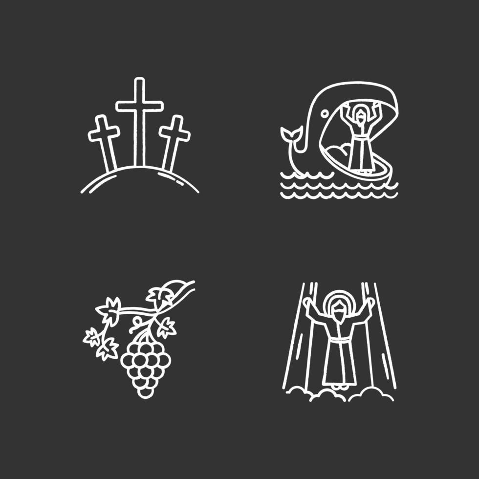 Bible narratives chalk icons set. Calvary, Jonah and whale, grapevine, ascension of Jesus Christ. Christian stories. Holy writ studying, learning. Isolated vector chalkboard illustrations