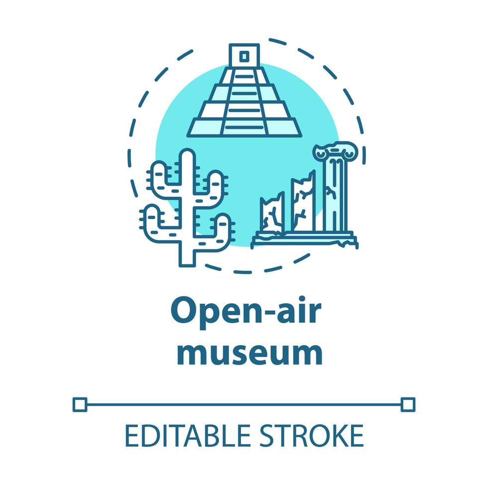 Open-air museum concept icon. Historical architecture exhibition. Temple ruins and colonnade. Archeological exposition idea thin line illustration. Vector isolated outline drawing. Editable stroke
