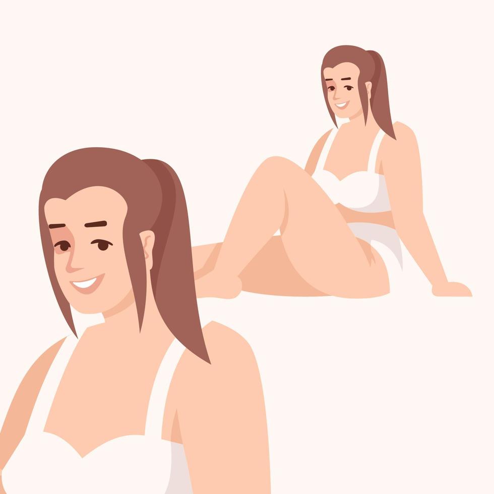 mujer vestida con traje de baño de dos piezas ilustración vectorial plana. figura de talla grande. cuerpo positivo. lucha por la igualdad y el feminismo. dama sonriente caucásica personaje de dibujos animados aislado sobre fondo blanco vector