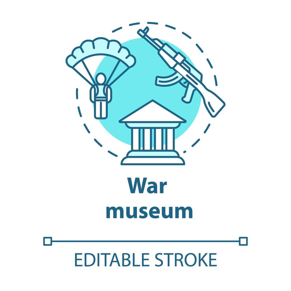 War museum concept icon. Military memorial. Imperial archives. Paratrooper and automated gun. Warfare history exhibition idea thin line illustration. Vector isolated outline drawing. Editable stroke