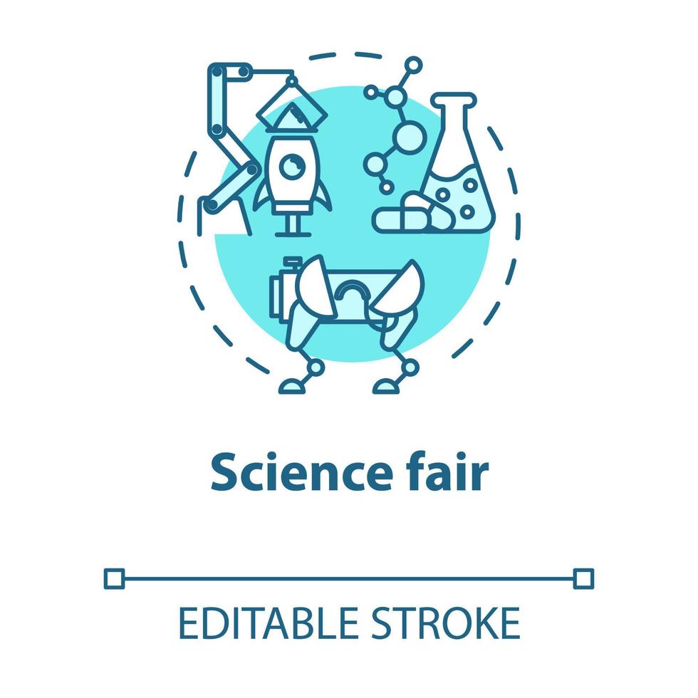 Science fair concept icon. Technology development. Chemistry project. Robotics. University competition idea thin line illustration. Vector isolated outline drawing. Editable stroke