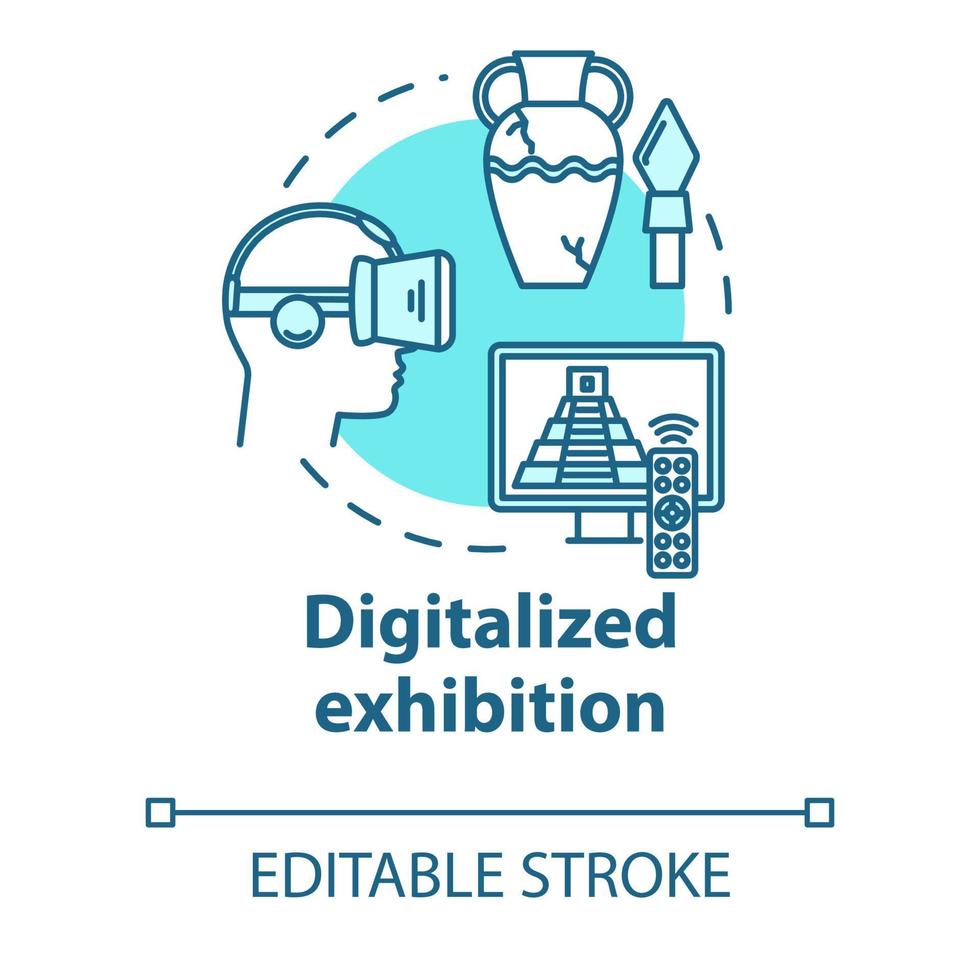 Digitalized exhibition concept icon. Interactive fair venue in cyberspace. Video museum tour. Virtual reality exposition idea thin line illustration. Vector isolated outline drawing. Editable stroke