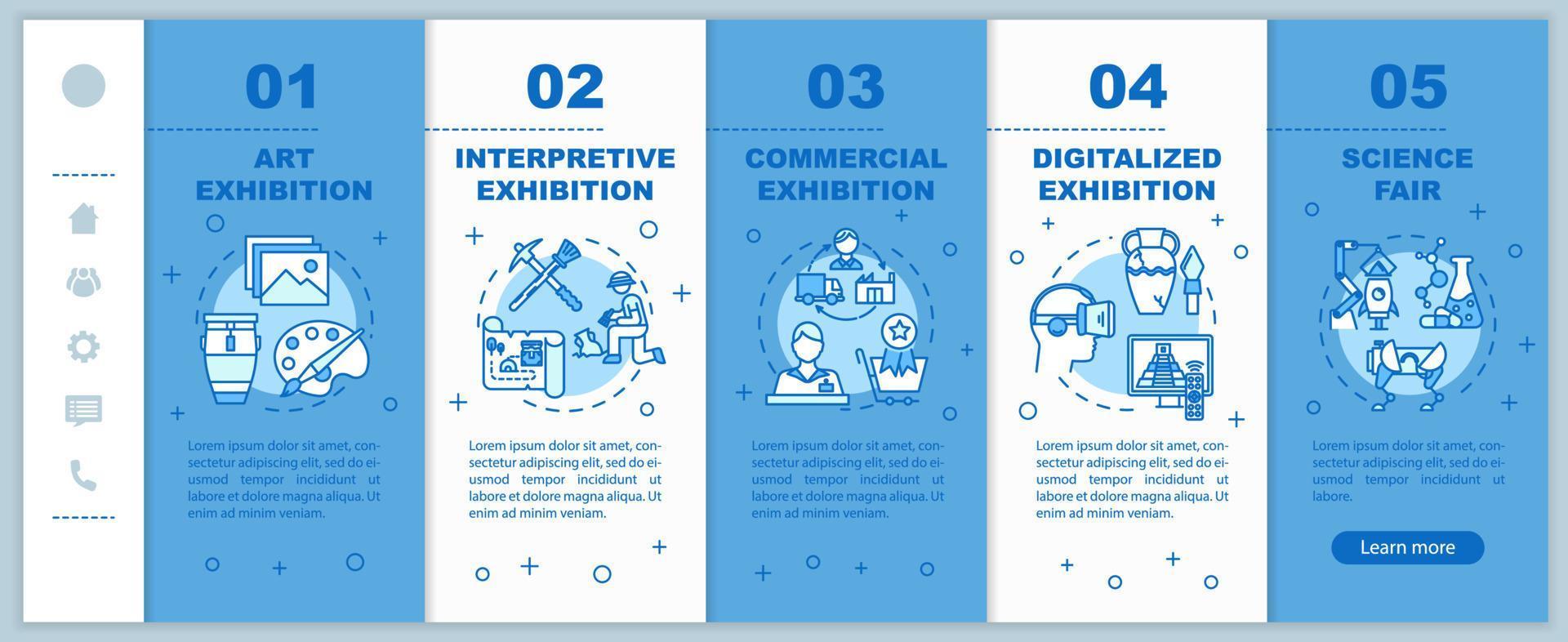Exhibition and museum onboarding mobile web pages vector template. Responsive smartphone website interface idea with linear illustrations. Webpage walkthrough step screens. Color concept