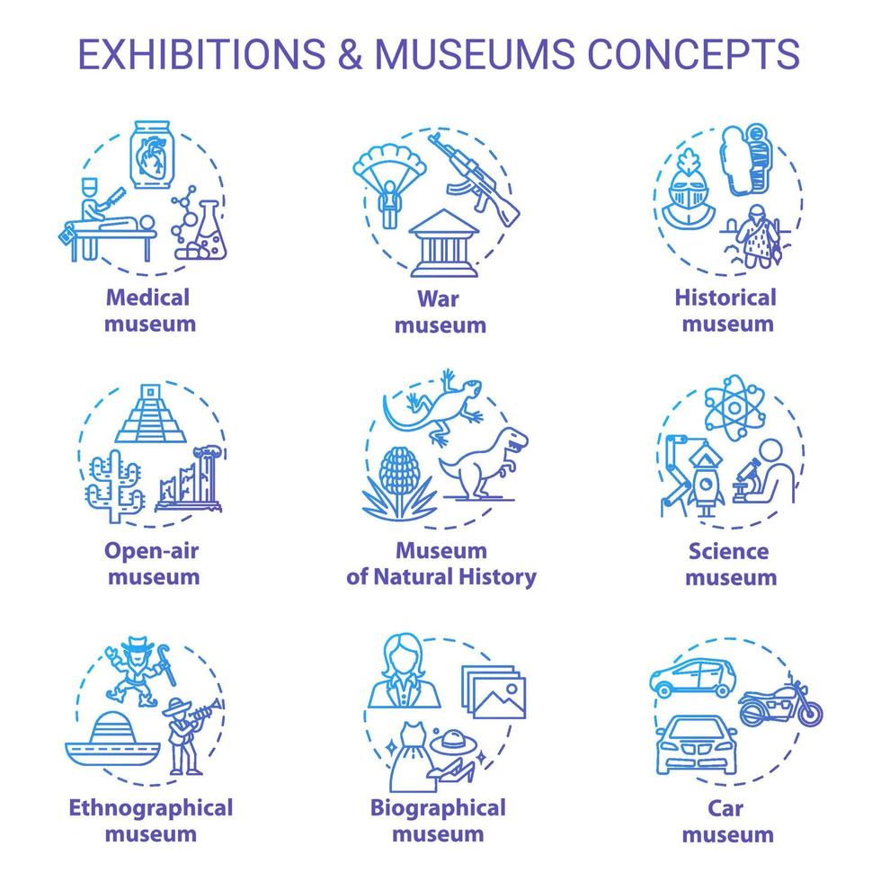 Museum exhibition concept icons set. Ethnographical and biographical exposition. Natural history. Open-air display idea thin line illustrations. Vector isolated outline drawings. Editable stroke