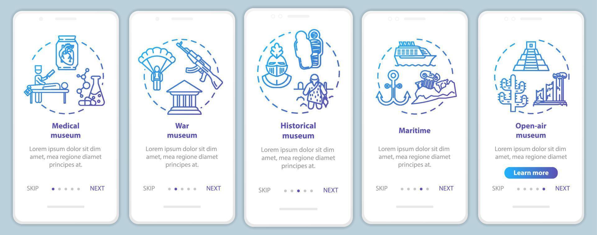 Exhibition and museum onboarding mobile app page screen vector template. Open-air exposition. Walkthrough website steps with linear illustrations. UX, UI, GUI smartphone interface concept