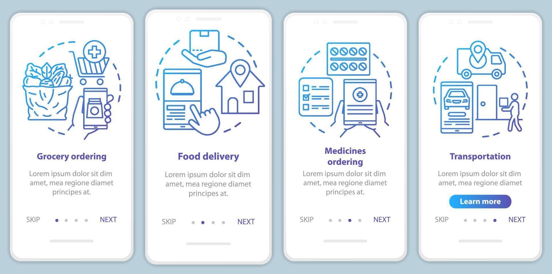 servicios que solicitan la incorporación de la plantilla de vector de pantalla de la página de la aplicación móvil. Pasos del sitio web del tutorial de la industria del transporte comercial con ilustraciones lineales. ux, ui, concepto de interfaz de teléfono inteligente gui