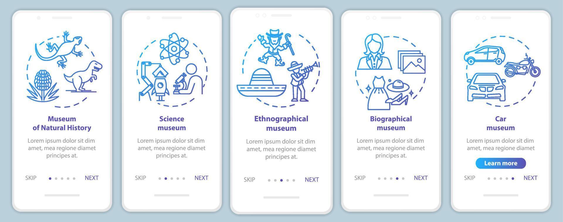 Exhibition and museum onboarding mobile app page screen vector template. Natural history. Walkthrough website steps with linear illustrations. UX, UI, GUI smartphone interface concept