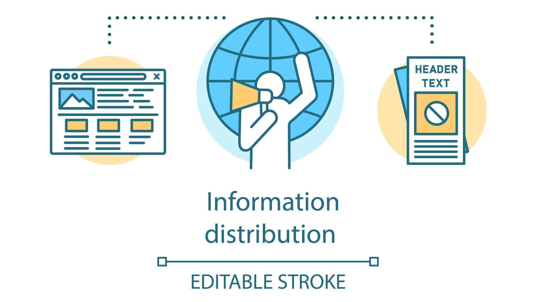 Information distribution concept icon. Peaceful resistance, propaganda idea thin line illustration. Activist with megaphone, flyers and browser window vector isolated outline drawing. Editable stroke