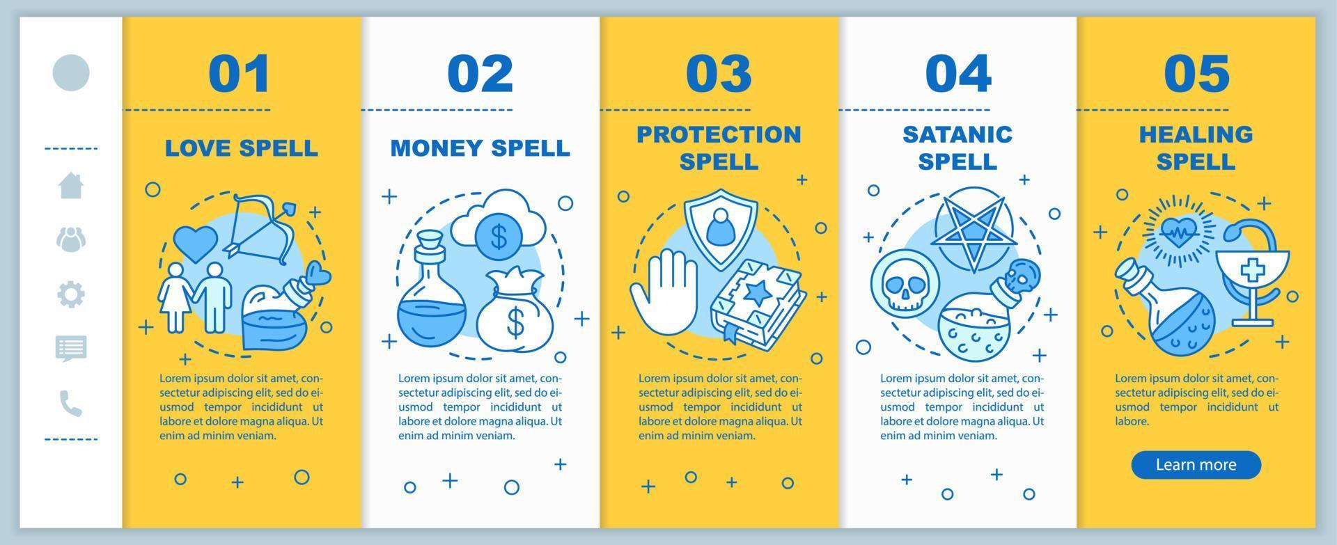 Magic spells onboarding mobile web pages vector template. Witchcraft responsive smartphone website interface idea with linear illustrations. Webpage walkthrough step screens. Color concept