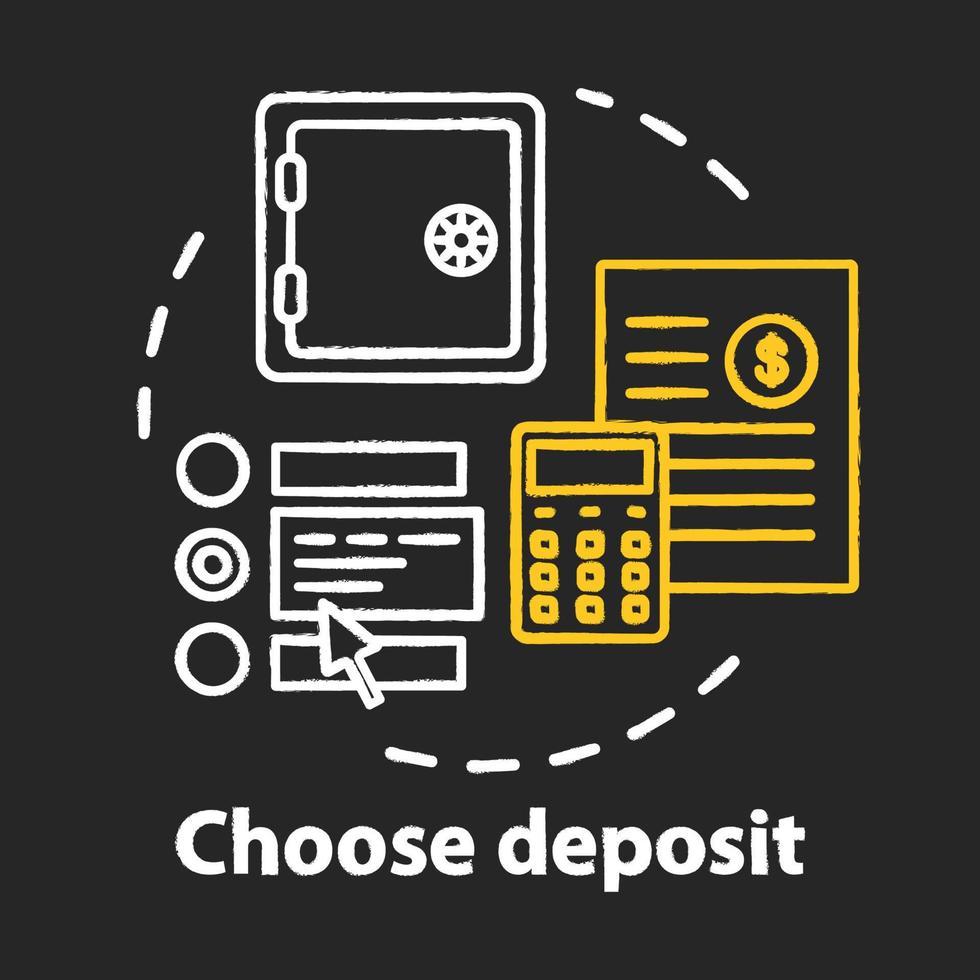 Choose deposit chalk concept icon. Savings idea. Investment contract. Choosing financial plan. Calculating profits, pros and cons. Financial services. Vector isolated chalkboard illustration
