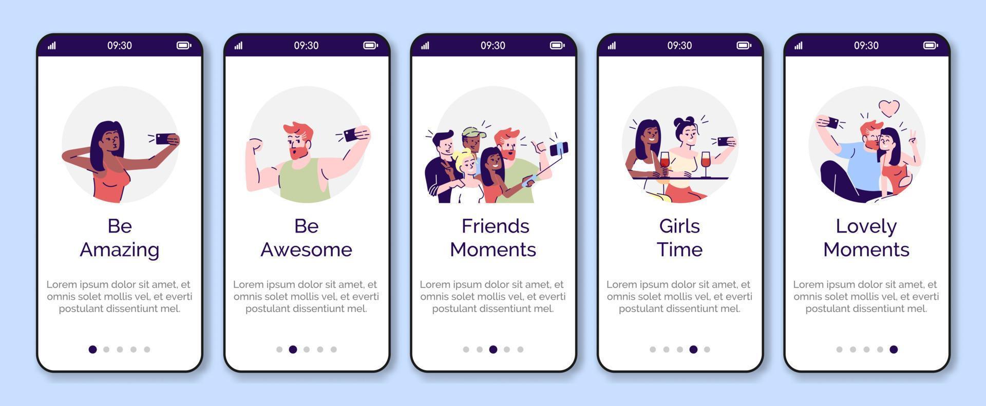 Selfie onboarding mobile app screen vector template. Taking bright self photo on smartphone. Walkthrough website steps with flat characters. UX, UI, GUI smartphone cartoon interface concept