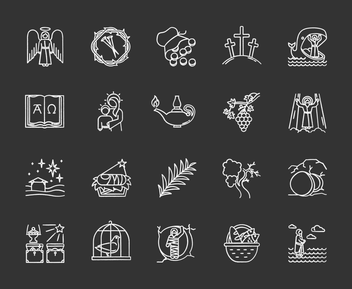 Bible narratives chalk icons set. Life of Jesus Christ. Gospel miracles and parables. Legends of Holy Scriptures. Old and New Testaments studying, learning. Isolated vector chalkboard illustrations
