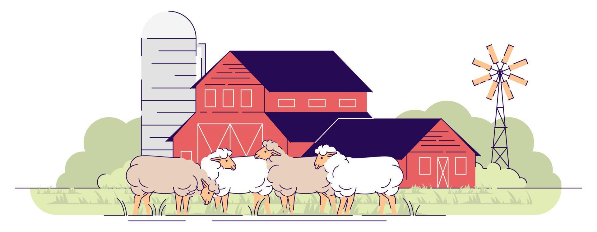 ilustración de vector plano de granja de ovejas. ganadería, concepto de dibujos animados de cría de animales. ovejas pastando en pastos de corral. Pueblo de tierras de cultivo con corral, rancho rural. edificios de graneros rojos de madera