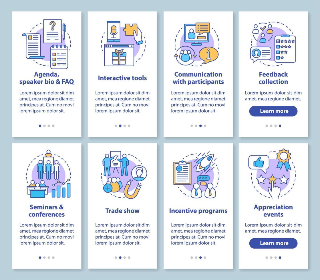 servicio de planificación de eventos corporativos que incorpora la pantalla de la página de la aplicación móvil con conceptos lineales. Instrucciones gráficas del tutorial de gestión de eventos de la empresa. ux, ui, plantillas vectoriales gui con ilustraciones vector