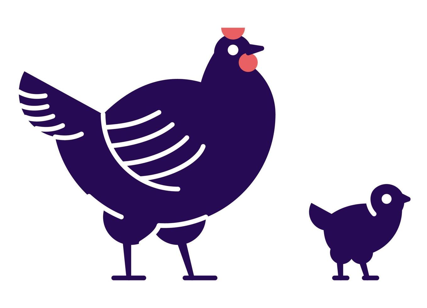 Chicken with chick flat vector illustration. Domestic bird breeding concept. Dark blue hen isolated design element with outline. Poultry farming, hennery symbol on white background