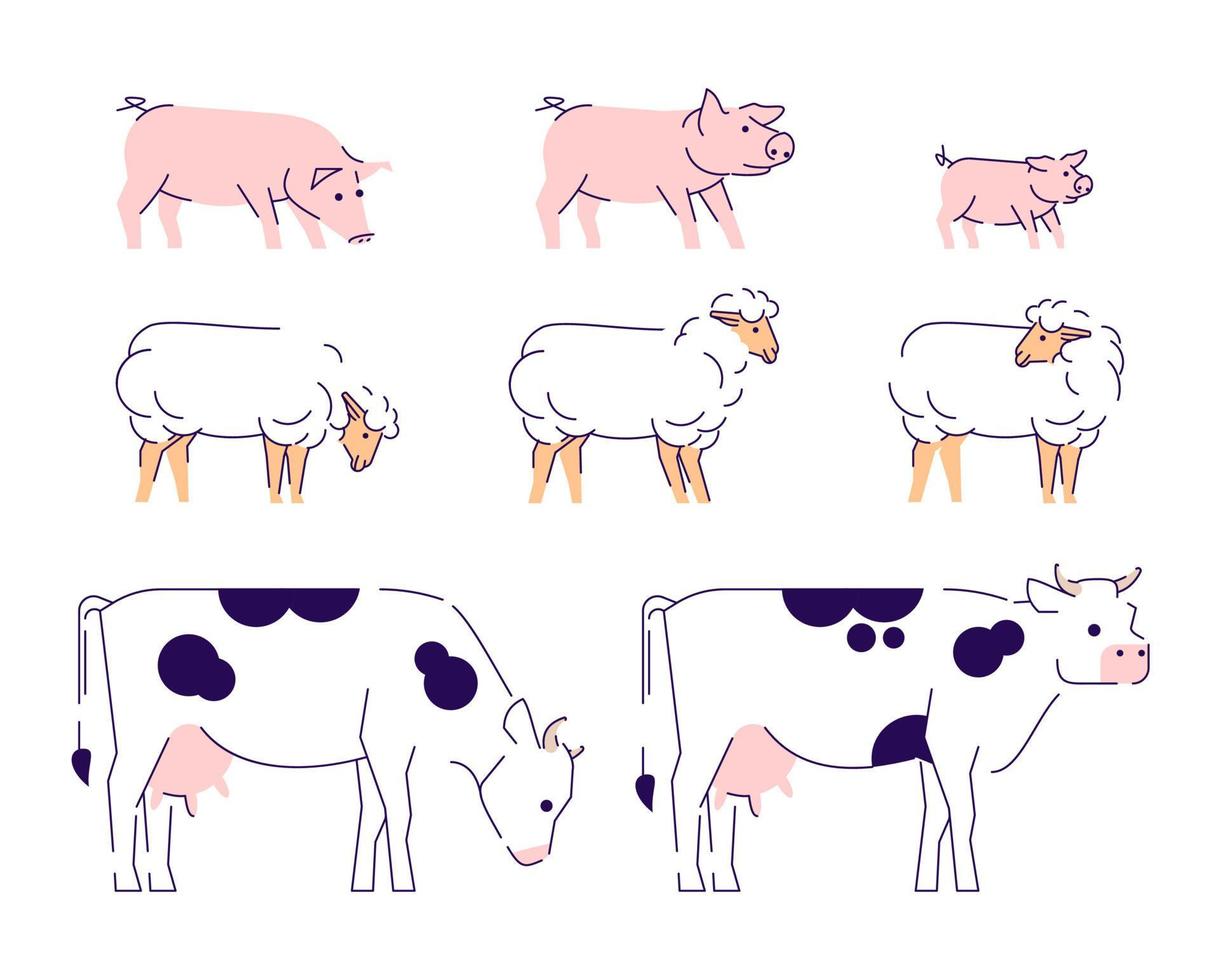 Ilustración de vector plano de animales agrícolas. ganadería, elementos de diseño de cría de animales domésticos con contorno. Vista lateral de vacas, ovejas y cerdos aislado sobre fondo blanco.