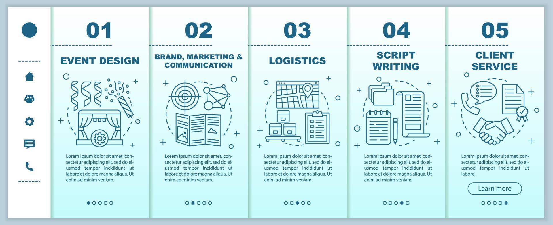 Event management, planning onboarding mobile web pages vector template. Responsive smartphone website interface idea with linear illustrations. Webpage walkthrough step screens. Color concept