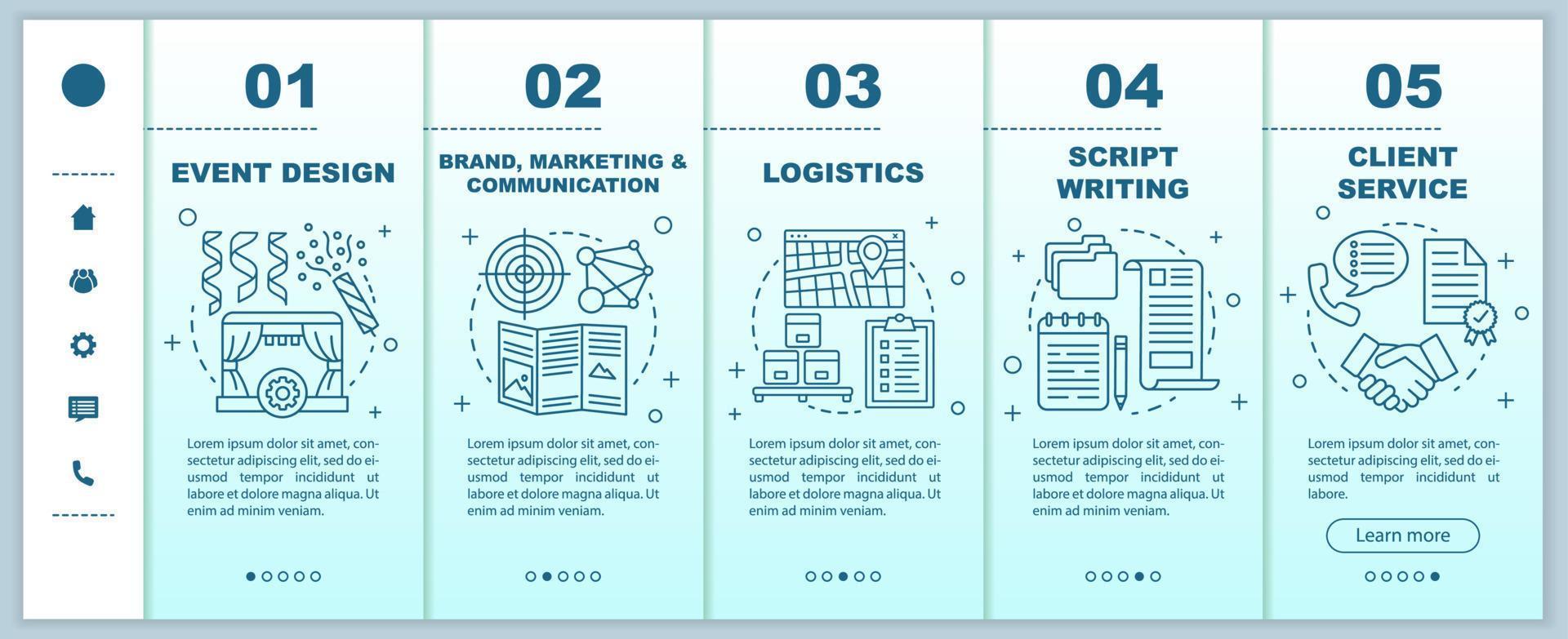 gestión de eventos, planificación de incorporación de plantillas vectoriales de páginas web móviles. idea de interfaz de sitio web de teléfono inteligente sensible con ilustraciones lineales. pantallas de pasos del tutorial de la página web. concepto de color vector