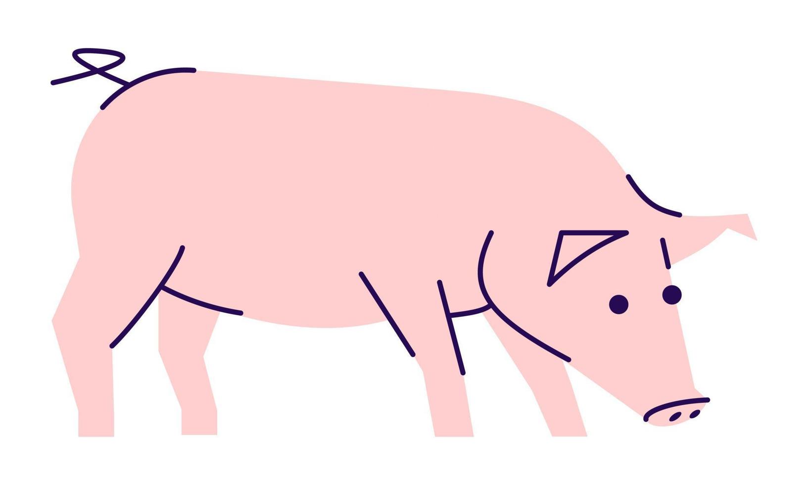 Ilustración de vector plano de vista lateral de cerdo. ganadería, elemento de diseño de cría de animales domésticos con contorno. logotipo de producción de carne de cerdo. lechón de dibujos animados aislado sobre fondo blanco