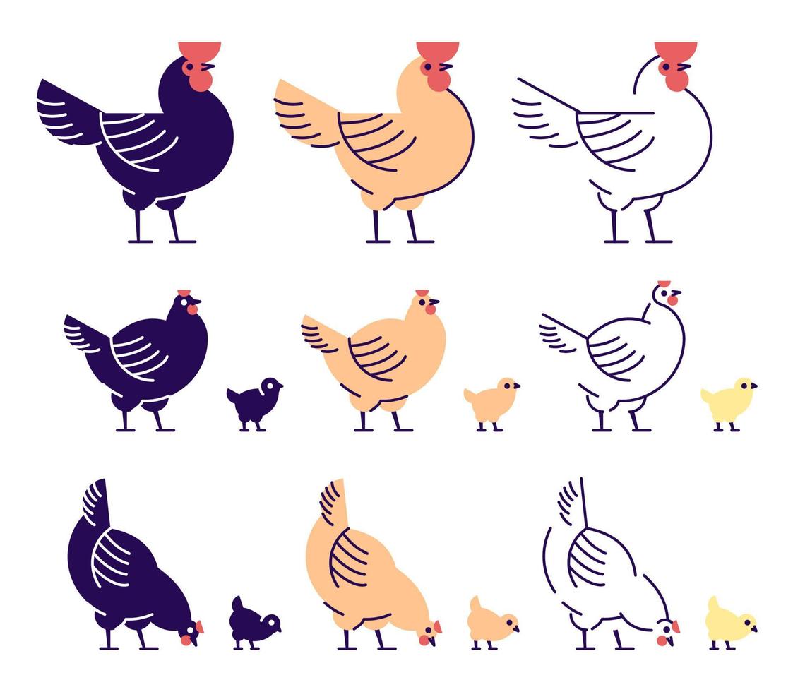 Chickens flat vector illustrations set. Multicolor chicks, hens and and rooster pecking cartoon design elements with outline. Chicken meat production, bird breeding. Poultry farm, animal husbandry