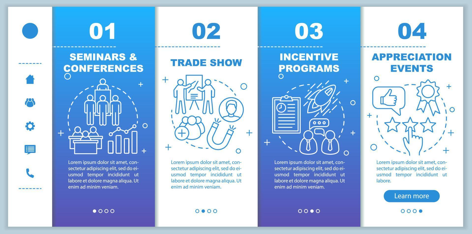 Corporate event management onboarding mobile web pages vector template. Responsive smartphone website interface idea with linear illustrations. Webpage walkthrough step screens. Color concept