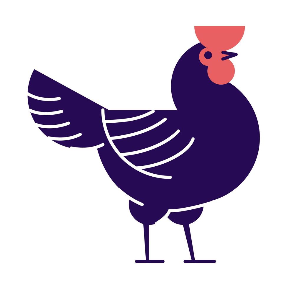 Rooster flat vector illustration. Dark blue cock isolated on white background. Poultry farm, hennery cartoon logo. Domestic bird breeding, chicken meat production design element with outline