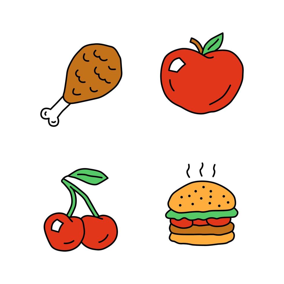 Healthy and harmful nutrition doodle color icons set. Chicken leg, ripe apple, cherry and burger hand drawn isolated vector illustrations. Junk food and organic snacks, natural and unhealthy eating