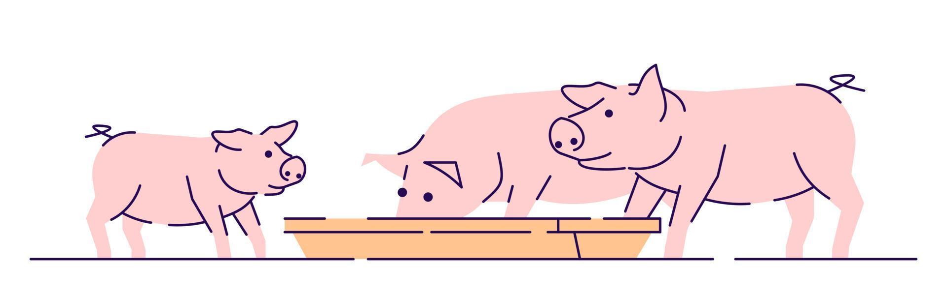 cerdos rosados alimentando ilustración vectorial plana. concepto de dibujos animados de cría de ganado, cría de animales y cría con contorno. granja de producción de carne. Cerdo, lechones comiendo aislado sobre fondo blanco. vector