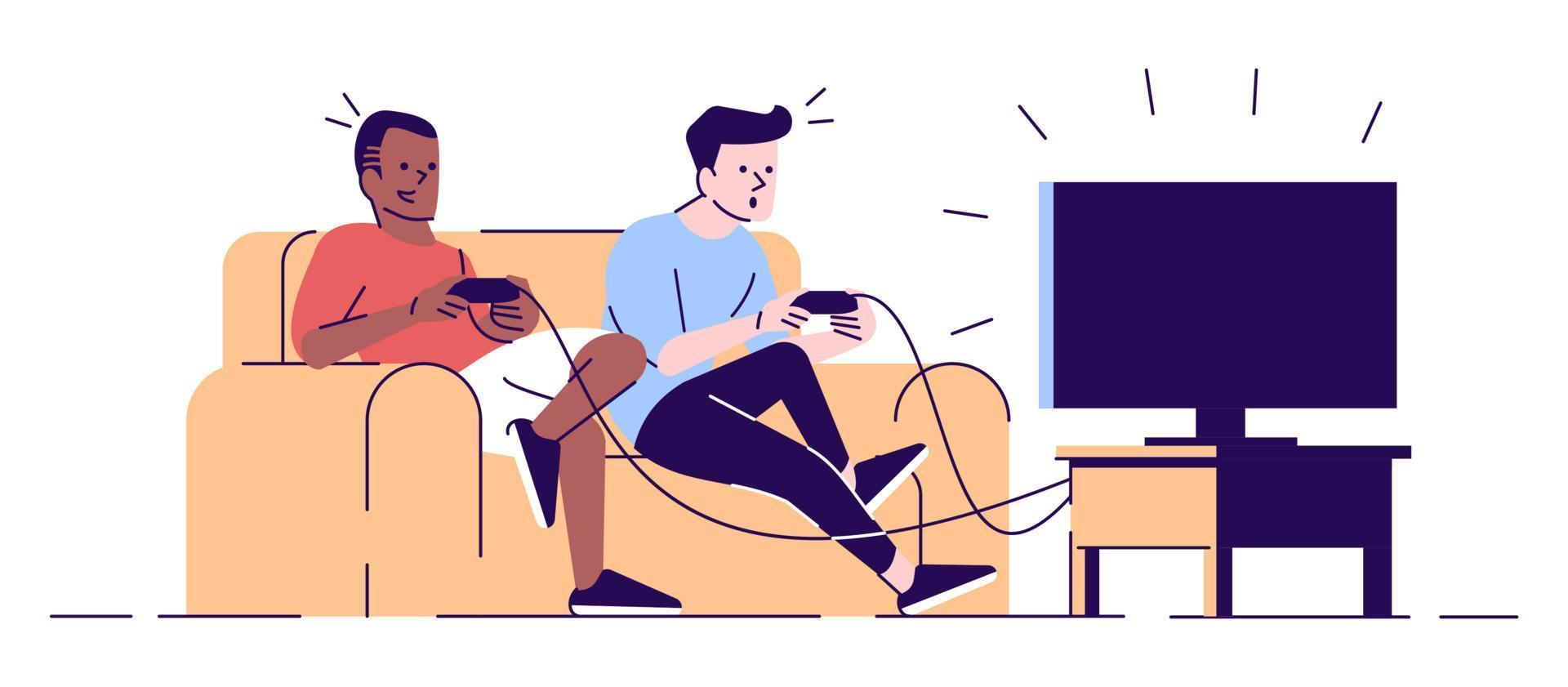 Boys playing videogame flat vector illustration. Students, roommates with joysticks looking at TV set screen, sitting on sofa isolated cartoon characters with outline elements on white background