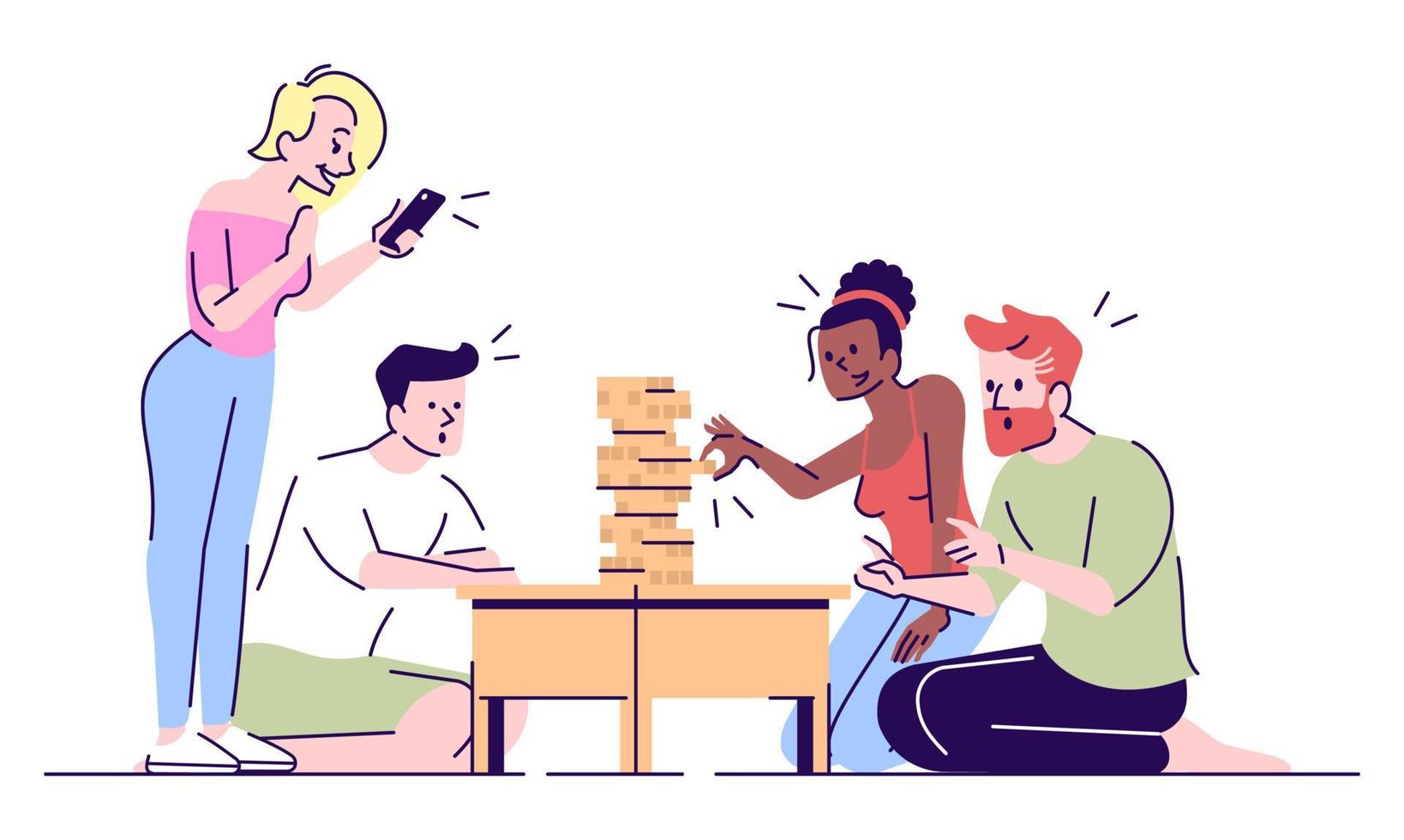 amigos jugando jenga ilustraciones vectoriales planas. las parejas disfrutan del juego de mesa. niñas tirando de un bloque de madera de la torre, tomando fotos de personajes de dibujos animados aislados con elementos de contorno sobre fondo blanco vector