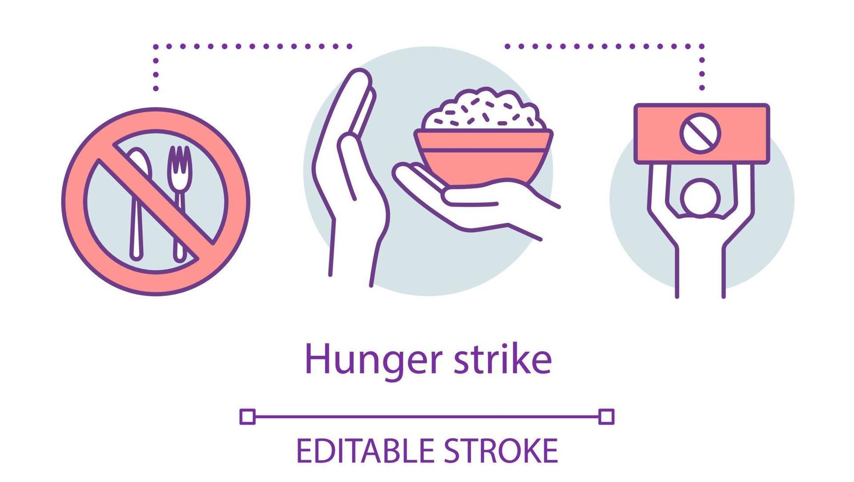 Hunger strike concept icon. Voluntary food refuse, nonviolent protest idea thin line illustration. Tableware with stop sign, rice bowl and protester vector isolated outline drawing. Editable stroke