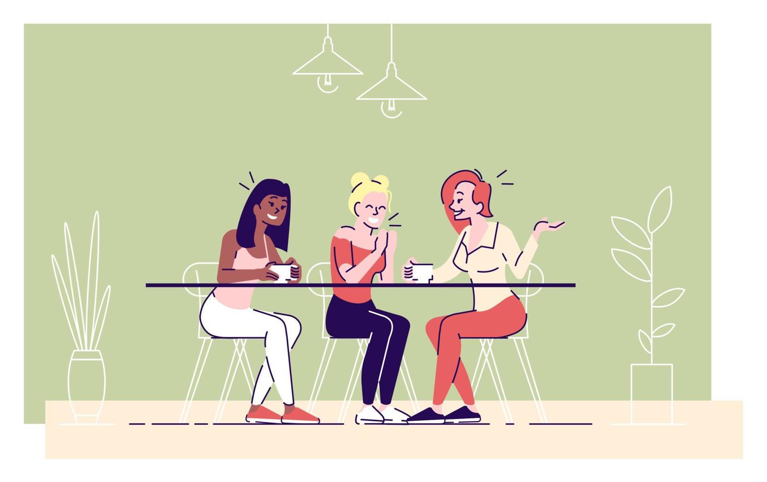 Girls drink coffee in cafe flat vector illustration. Young ladies enjoy tea, cheerful women discussing latest news, gossiping cartoon characters with outline elements on green background